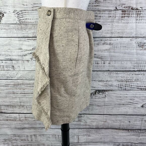 Vintage Liz Claiborne Skirt sz 8 Tan Khaki Wool Tweed Wrap Blanket Fringe Pencil - Picture 7 of 11